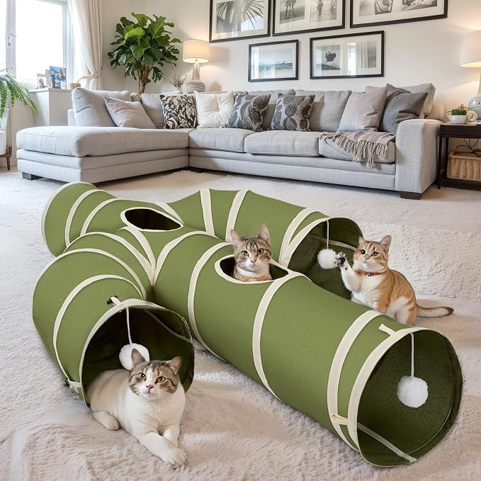 Ownpets Cactus Cat Tunnel 12" with Peek Holes for Indoor Large Cat, Green | Durable Oxford fabric, noise-free, foldable & connectable, multi-cat friendly, tube for cats up to 20lb, includes ball & wand