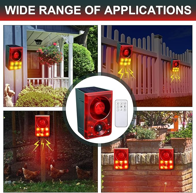 Qualirey 4 Pcs Solar Outdoor Motion Sensor Alarm Animal Deterrent Gunshot Sound Dog Barking 130db Loud Noise Maker 3 Modes with USB Remote Control, Support Recording and Volume Adjustment (Red)