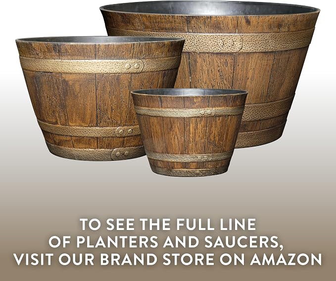 Outdoor Whiskey Resin Flower Pot Barrel Planter, Walnut Brown, 20.5" (2 Pack)