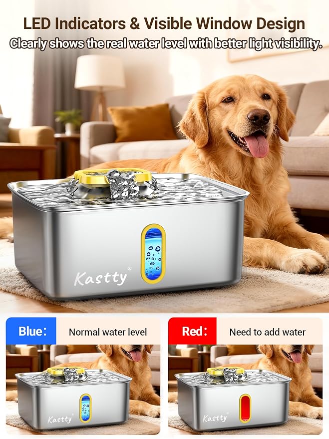 Kastty 15L/3.96 Gal Stainless Steel Large Capacity Dog Water Fountain | Ultra Quiet Dog Water Bowl Dispenser LED Light Multi Filtration Cat Water Fountain,Pet Water Fountain Easy Clean(FS78,Yellow)