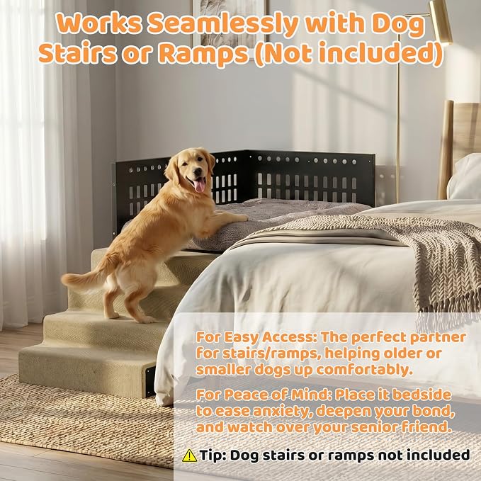 Beside Dog Bed,2 Panels Adjustable Height Dog Bunk Beds,41.3”x27.5” Metal Frame & Cushion, Converts to Bunk Bed or Bed Extension Attachment for Human Bed, for Large Dogs