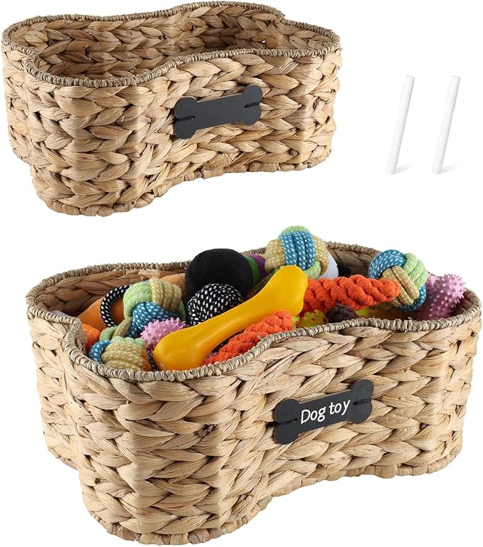 Set Of 2 Pet Dog Toy Basket-Dog Bone Basket-Wicker Basket for Pet Stuff-Dogs Toy Box for Living Room Area-Handmade Water Hyacinth Baskets with DIY Tag ﻿
