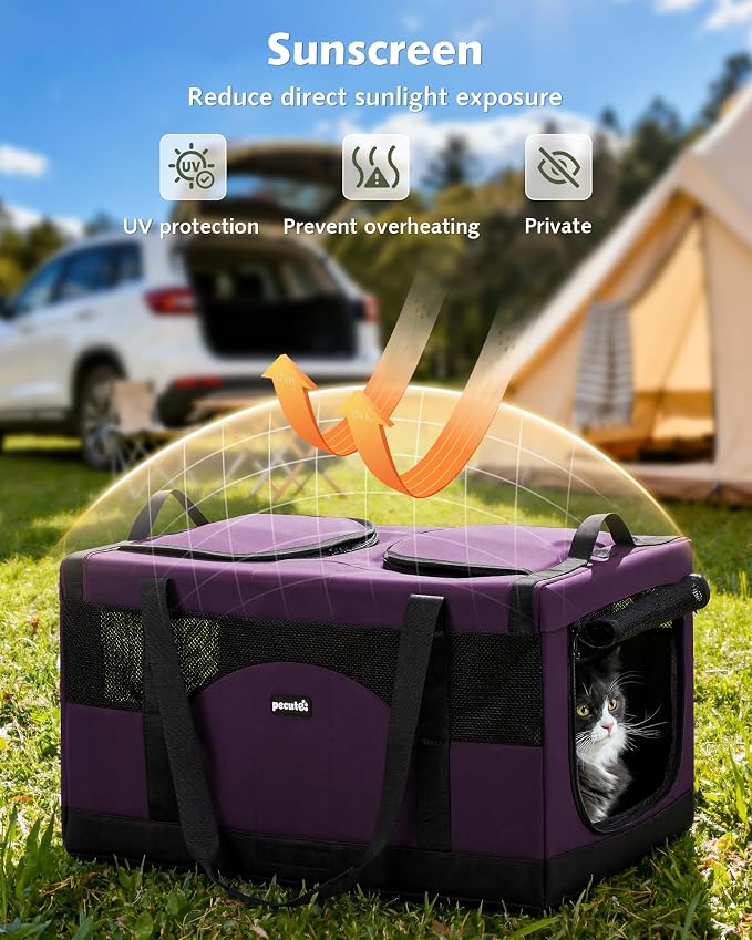 Pecute Cat Carrier, Soft Double Pet Crate for 2 Cats Travel, Purple | 5mm Anti-collapse Frame, Convertible Dual Space, Foldable, Polyester Breathable mesh, Up to 26 lbs, Car Travel & Vet Visits