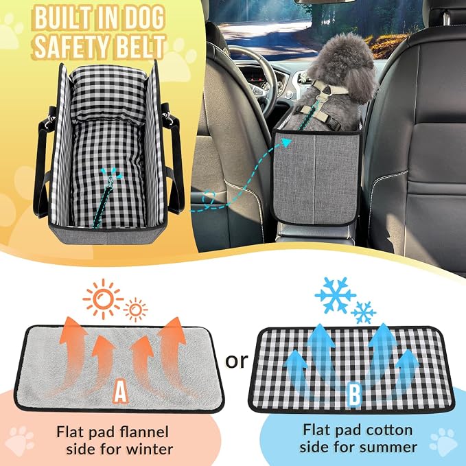 SlowTon Console Dog Car Seat, Dog Booster Seat for Small Dogs Under 11lbs | Portable, Sadety Features for Anti-Collapse , Hard Bootm for Excellent Support, with Washable Cushion Built in Safety Belt