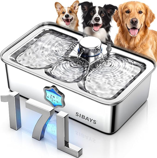 SIBAYS 4.5Gal/17L Dog Water Fountain for Large Dogs, Large Capacity Stainless Steel Pet Water Fountain, Automatic Quiet Dog Water Bowl Dispenser with Water Level & LED Light, Easy to Clean FS86