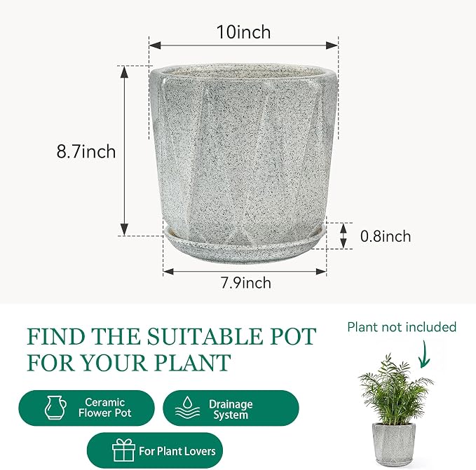 10 Inch Ceramic Plant Pot with Drainage Hole Mesh Net, Large Flower Pots for Indoor Plants with Saucer, Gardening Pots Outdoor (Gray-dot)