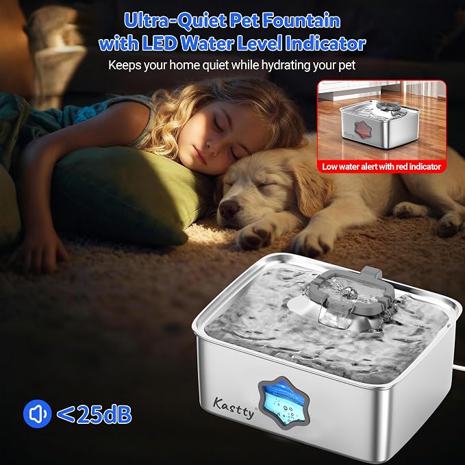 Kastty 4Gal/15L Stainless Steel Dog Water Fountain for Pets, Inside, FS81 | 5-Stage Filtration, Dual-Color LED, Visual Window, Large Medium & Multi-Pet