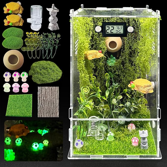 Jumping Spider Enclosure,DIY Insects Habitat,Small Reptile Terrarium Glass House Accessories Set,with Temperature and Humidity Detector Water Feeder Platform Hide,5.5“x5.5”x9.5“ (Forest)