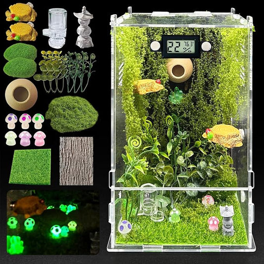 Jumping Spider Enclosure,DIY Insects Habitat,Small Reptile Terrarium Glass House Accessories Set,with Temperature and Humidity Detector Water Feeder Platform Hide,5.5“x5.5”x9.5“ (Forest)