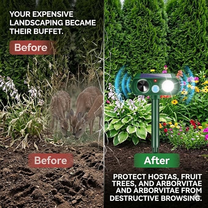 2026 Upgraded Sonic Fortress Pro Deer Repellent Outdoor,Solar Ultrasonic Animal Repellent with Motion Sensor&Flash Light-IP65 Waterproof Raccoon Fortress Pro for Squirrel,Cat-Garden&Yard 4Pack