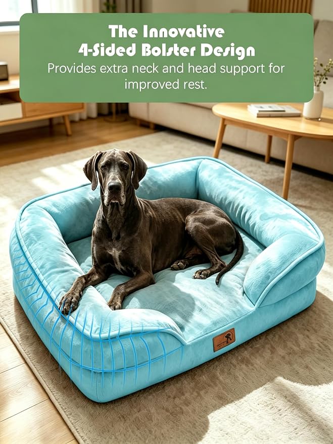 Spotted Play Orthopedic Dog Bed with Sides - Sofa Beds for Extra Large Dogs, Supportive Foam Pet Couch Bed with Washable Removable Cover, Waterproof Lining and Non-Slip Bottom, Ice Blue - XXL