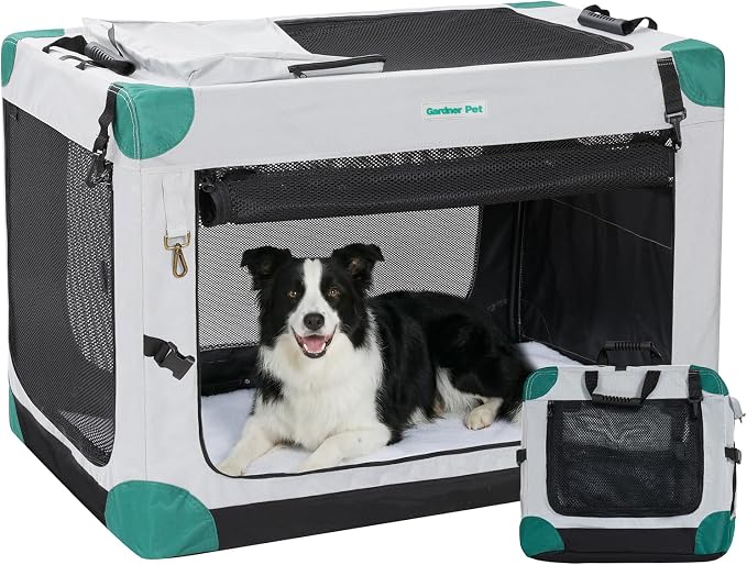 Gardner Pet Soft Collapsible Dog Crate - 36 Inch Portable Travel Dog Crate for Medium/Large Dogs Indoor & Outdoor, 3-Door Pet Crate with Durable Mesh Windows & Storage Bag, Grey