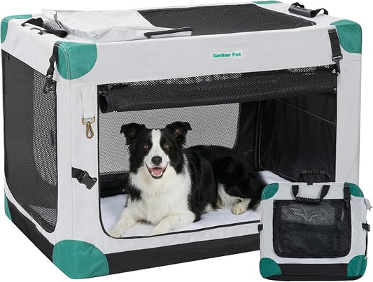 Gardner Pet Soft Collapsible Dog Crate - 36 Inch Portable Travel Dog Crate for Medium/Large Dogs Indoor & Outdoor, 3-Door Pet Crate with Durable Mesh Windows & Storage Bag, Grey