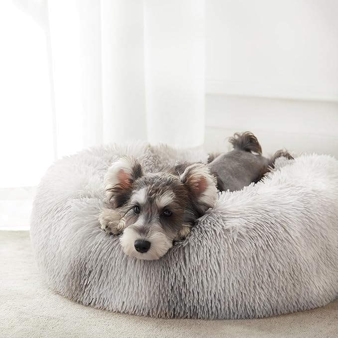 Western Home Calming Donut Small Medium Pet Dog Bed Washable,27" White Grey | Fluffy Faux Fur Round Cuddler,Anti-Anxiety,Anti-Slip Bottom,Plush Pet Dog Beds for Small Medium Sized Dogs,Up to 35 LBS