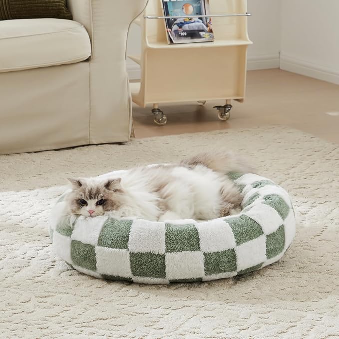 Ohocut Checkered Cat Dog Bed, Cute Sage Green Retro Style Aesthetic Round Warming Pet Calming Beds for Small Dog and Cats, Plush Cozy Donut Beds Washable, 23" L x 23" W x 8" Th