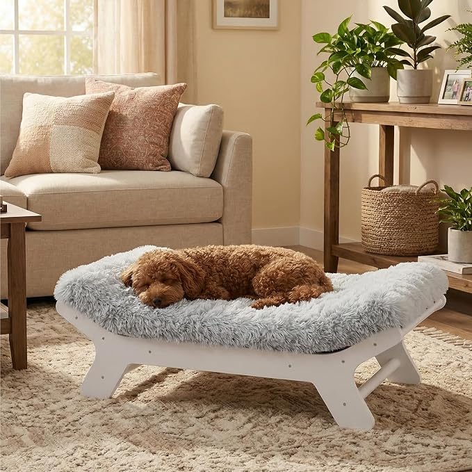 Elevated Wood Dog Bed Frame Mat Set, Whitecolor, Medium | Raised Sturdy Attractive Dog Sofa Couch Furniture,55 lb