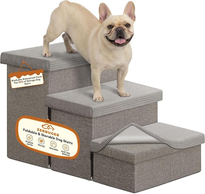 Zerbuger Dog Stairs with Storage, Grey Stripes Lids 3 Steps Ramp no Condo | 23" H Wider Dog Steps for High Beds Couch, Folding Storage Pet Stairs Gift for Climbing Small/Medium/Large Old Dogs Cats