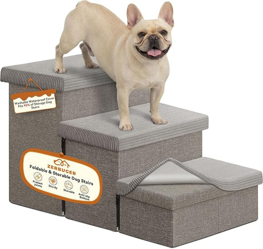 Zerbuger Dog Stairs with Storage, Grey Stripes Lids 3 Steps Ramp no Condo | 23" H Wider Dog Steps for High Beds Couch, Folding Storage Pet Stairs Gift for Climbing Small/Medium/Large Old Dogs Cats