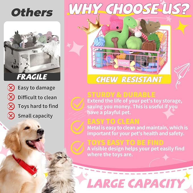 Kaiferty Indestructible Dog Toy basket, Small Toy Box for Dogs, Pet Toy Bin Dog Metal Basket for Toys, Toy Storage Organizer,Dog Toy Box for Living Room Area(Pink)