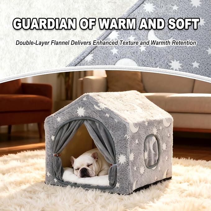 Indoor Dog House, Soft Warm Glow Dog Cave for Cat & Small Dogs | Warm Plush Dog Cave Bed with Sturdy Frame, Machine Washable, Non-slip, for Indoor Dogs and Cats