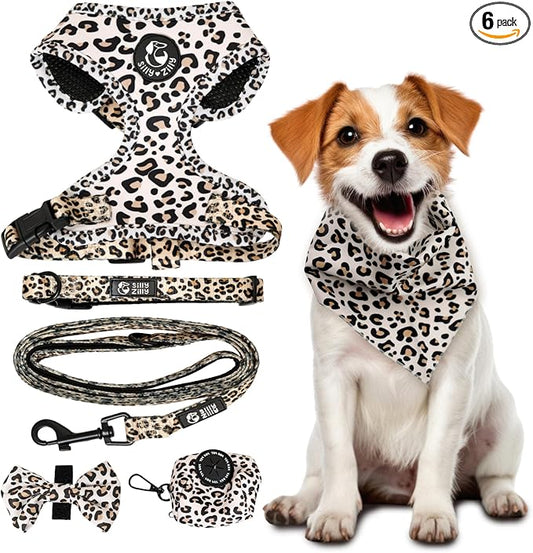 No Pull Harness and Leash Set - 6-in-1 Adjustable Vest Harness and Collars for Medium and Large Dogs. (Leopard, Large)