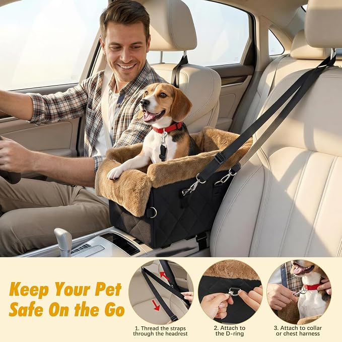 Center Console Dog Car Seat for Small Dogs&Cats Under 12 LBS | Puppy Car Seats with Non-Slip&Strong Support, Anti-Collapse Portable Pet Bed for Puppies with Soft Cushion Safety Belt, Brown