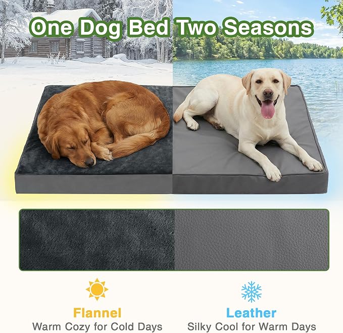 Waterproof Dog Bed Large Sized Dogs, Orthopedic Washable Crate Pad 35"x22" | Outdoor Pet Bed Foam, Reversible Faux Leather & Flannel, Durable Removable Cover, Anti-Slip Bottom,Kennel Pad 36" Dark Gray