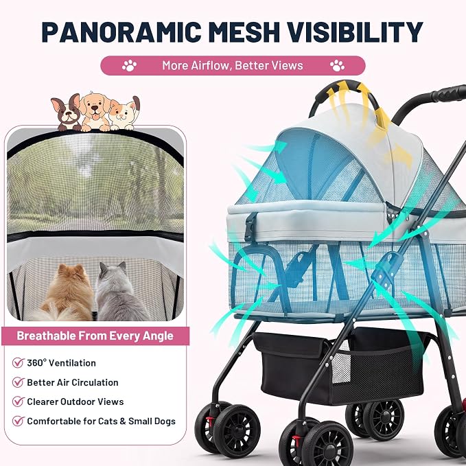 Dog Stroller for Small Dogs, Panoramic Mesh Pet Cat Stroller with Detachable Carrier, Foldable Pet Stroller up to 35 lb, with Safety Tether, Puppy Doggie Stroller for Medium Dogs 20 lbs Grey