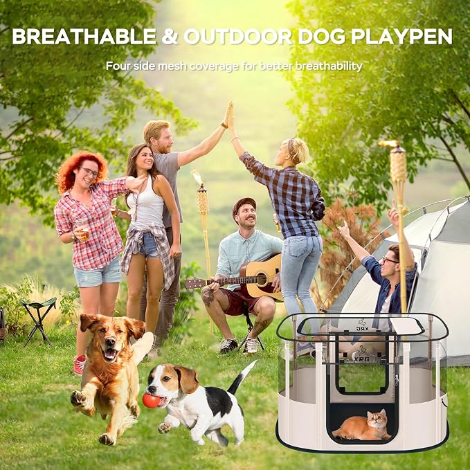 XRG Foldable Dog Playpen with Pad,Indoor Cat Kennel M(31.5"x23.6"x21.7") | Portable Dog Crates with Upgrade Breathable Mesh，Sturdy Cat cage Indoor & Outdoor for Rabbit or Small Animals，Beige
