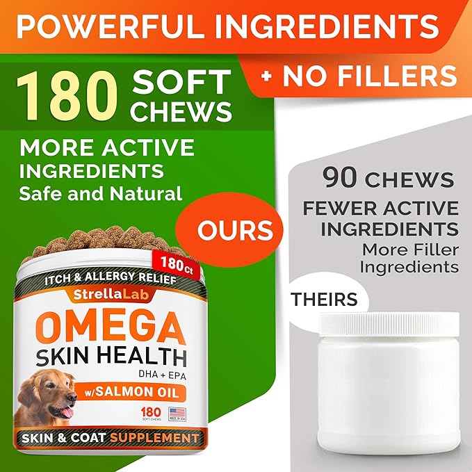StrellaLab Omega 3 for Dogs - (180Ct) Fish Oil Treats - Allergy & Itch Relief Skin & Coat Supplement - Dry Itchy Skin, Anti Shedding & Hot Spots Treatment - Pet Salmon Oil Chews - Salmon Flavor
