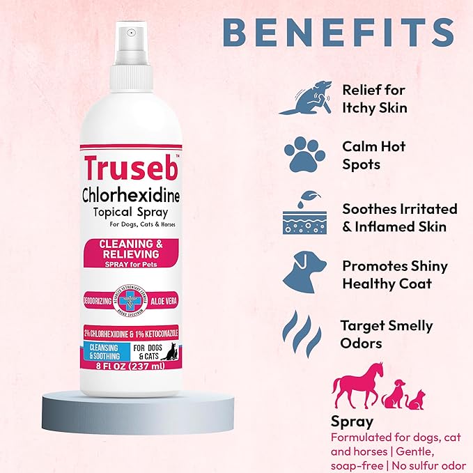 Truseb Advanced Strength Medicated Chlorhexidine for Dogs Cats Horses Skin Spray with Aloe Vera - Medicated Ketoconazole Spray for Skin Irritation, Hot Spots, Redne (Medicated Ketoconazole Spray, 8oz)