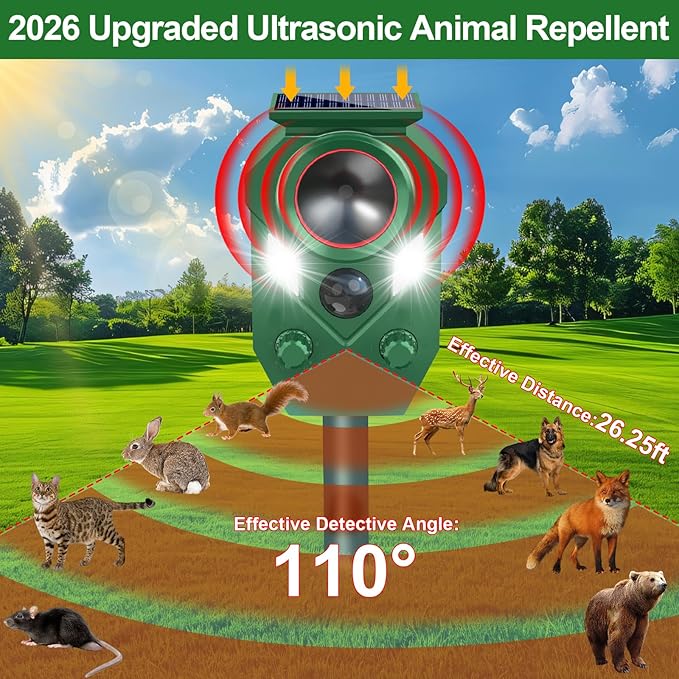 Solar Ultrasonic Animal Repellent,Cat Dog Repellent Outdoor,Solar Animal Repeller with Motion Sensor,Waterproof Rabbit Repeller with Flahing Light for Yard Skunks,Raccoon Birds Squirrels Deer-One Pack