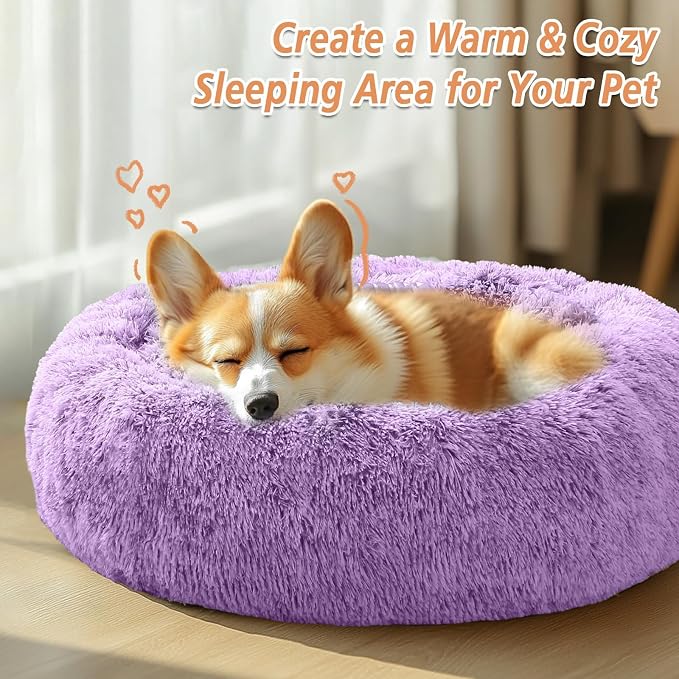JOLLYVOGUE Calming Dog Bed Medium Size Dog, 31in Donut Washable Medium Pet Bed, Anti-Slip & Anti-Anxiety Fluffy Faux Fur Round Dogs Bed, Fits up to 45 lbs Pets (Purple)