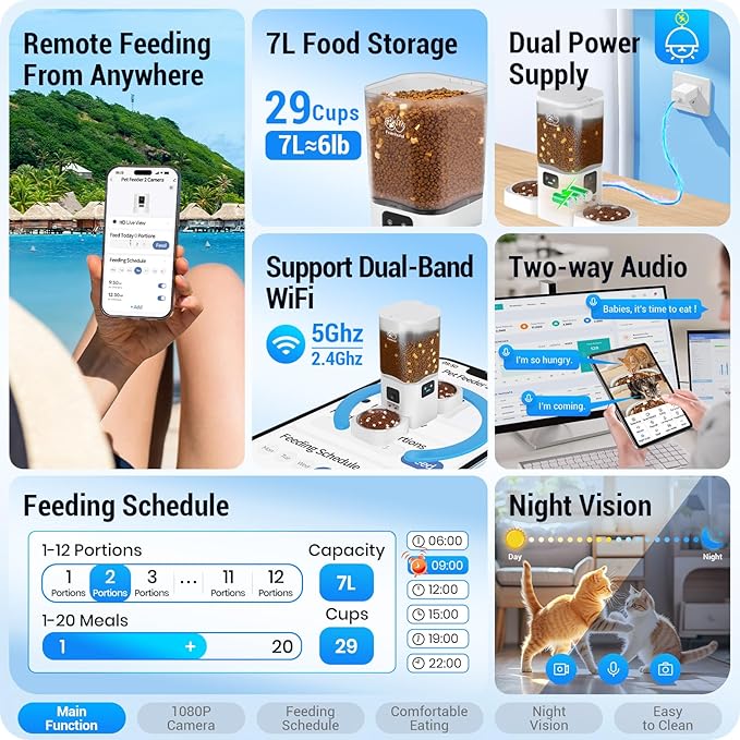 Frienhund Dual Automatic Cat Feeder with Camera for 2 Cats: 5G WiFi Automatic Dog Feeder with Night Vision, 7L Auto Cat Food Dispenser with Two Camera for Multiple Pet, Easy to Clean-29 Cup(ACF180W-A)