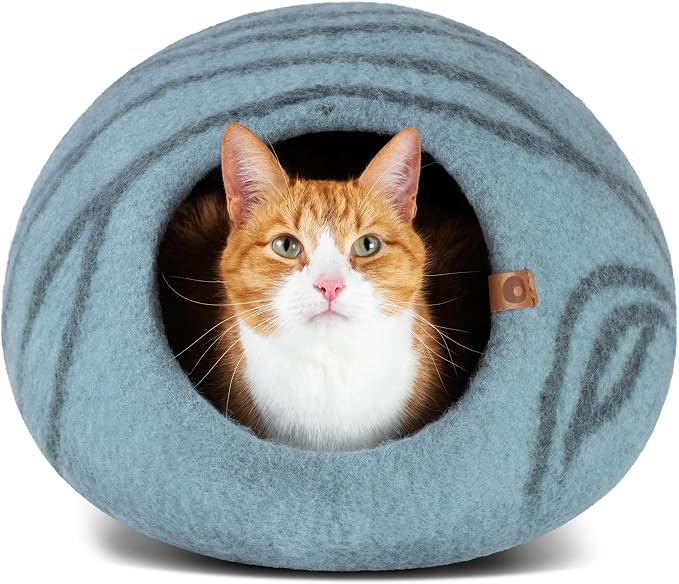 Cat Cave – Premium Felt Cat Bed Enclosure for Indoor Cats, Handmade Merino Wool (Aquamarine, Large)