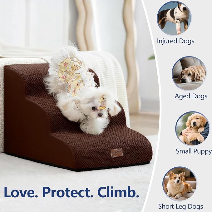GoGoBunny Ramp Dog Stairs for High Beds 22.6" H, 5-Step Dog Slope Stairs with Durable Waterproof Fabric Cover, Pet Steps for Old Large Dogs Climbing, Non-Slip Sturdy Indoor Step, Brown