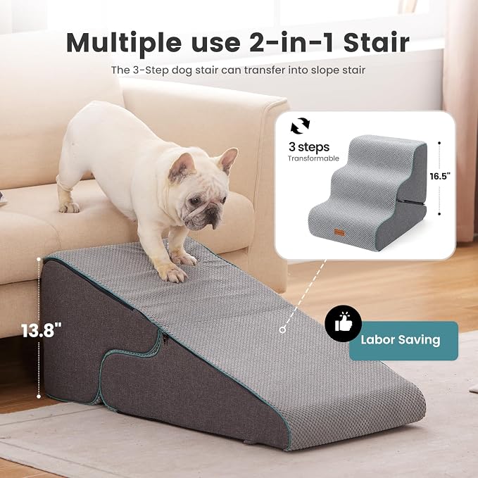 Gardner Pet Dog Stairs for Small Dogs 16.5" H, 2 in 1 Transformable 3-Step Pet Stairs and Dog Ramp for Couch (13-20 in), Grey Adjustable Pet Steps with Zipper