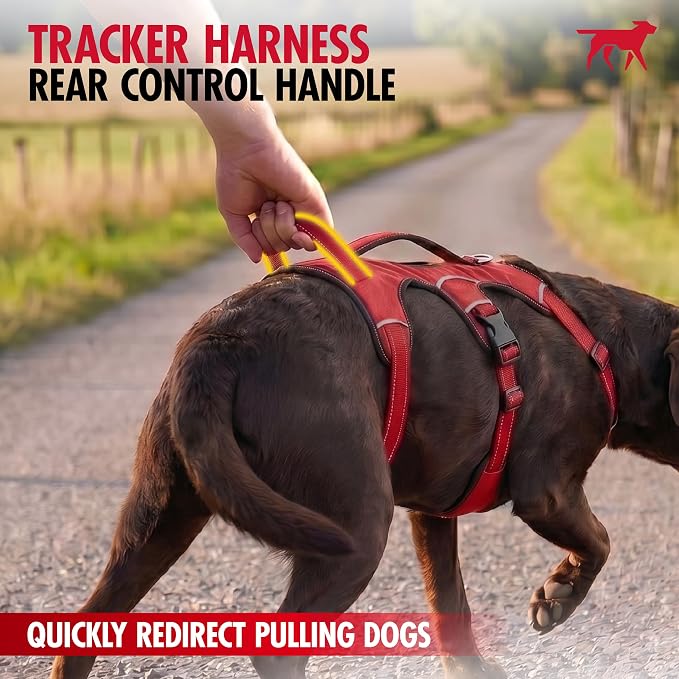 Tuff Pupper Tracker No Escape Dog Harness, Dual Attachment Points, Reflective 3M Stitching, XS - XL, March Red
