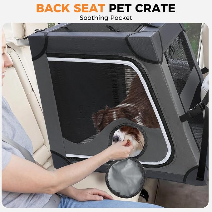 Snagle Paw Dog Car Crate for Back Seat, Portable, Large, Gray | 3-point seat securement, breathable mesh, feeding windows, folds flat, for road trips, camping and vet visits