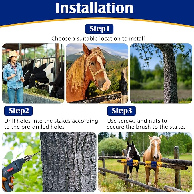 3 Pack Livestock Scratching Brush, Blue and Yellow | Animal Scratcher, Itch Relief Grooming, Horse Goat Cow Scratcher, Fence Post Mounting, Durable Bristles, Farm Livestock Care
