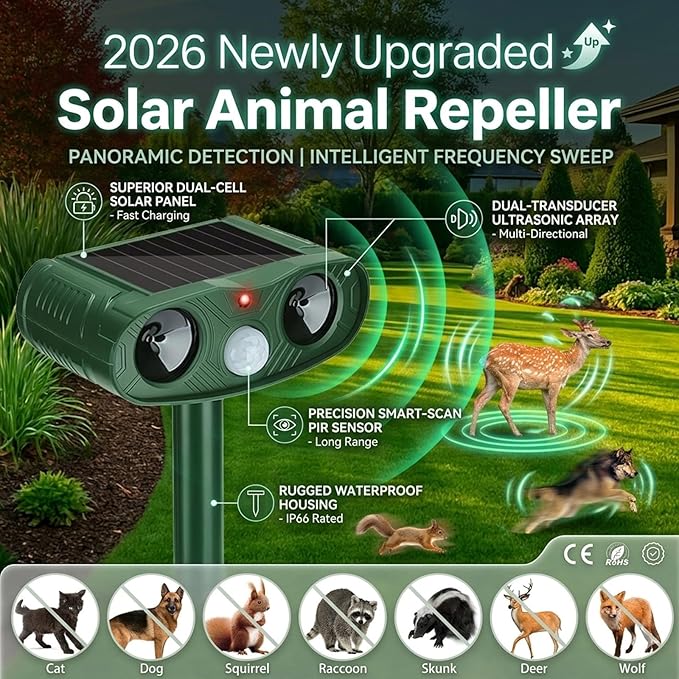2026 Solar Ultrasonic Animal Repellent Outdoor Deer Repellent Devices, 4Pack Cat Repeller Motion Detection, Solar Animal Repeller Outdoor to Scare Squirrel Rabbit Repellent Deterrent for Yard Farm