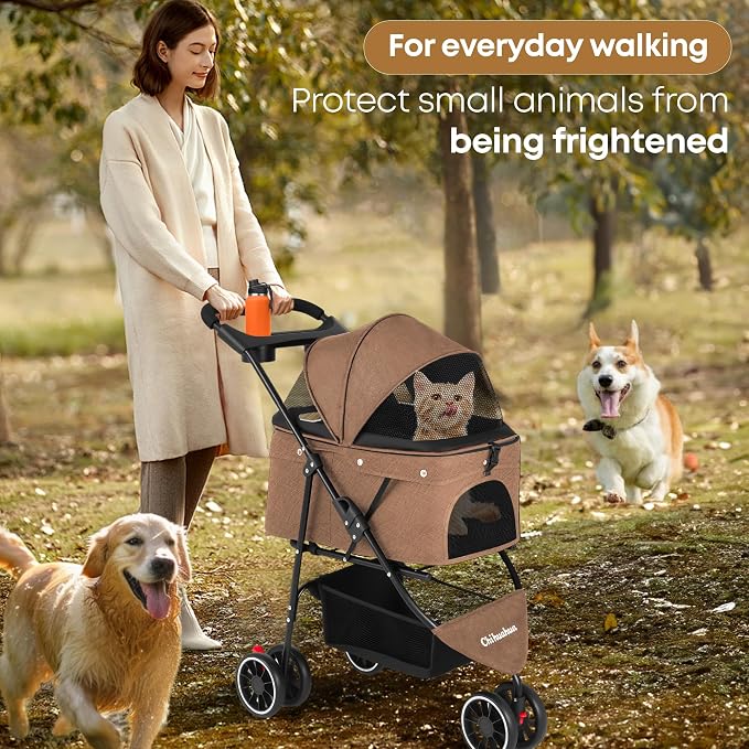 Pet Stroller,Dog Stroller for Small Medium Dogs Cats,3 Wheels,Deep Brown | Foldable,with Breathable Mesh Canopy,Cup Holders,Easy Assembly