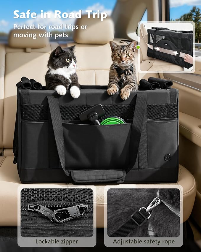 Pecute Cat Carrier, Soft Double Pet Crate for 2 Cats Travel, Dark Gray | 5mm Anti-collapse Frame, Convertible Dual Space, Foldable, Polyester Breathable mesh, Up to 26 lbs, Car Travel & Vet Visits