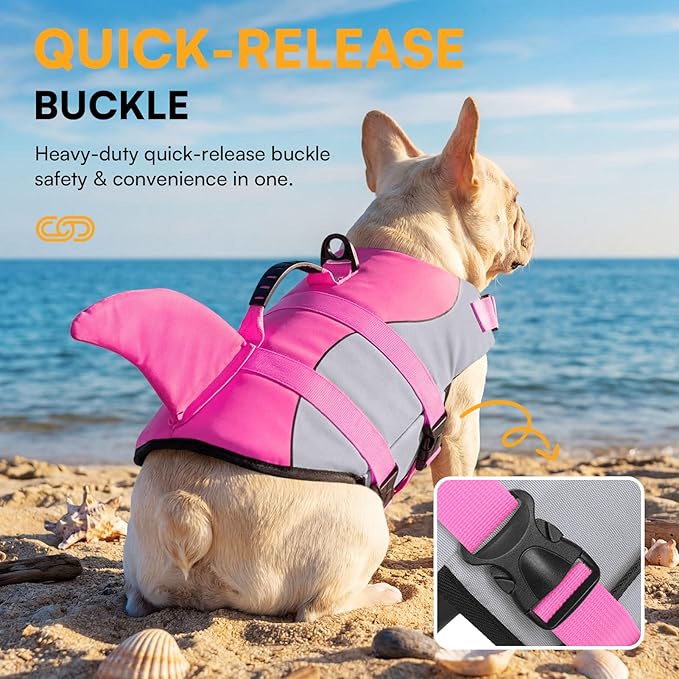 Dog Life Jacket Ripstop Shark Dog Safety Vest Adjustable Preserver with High Buoyancy and Durable Rescue Handle for Small,Medium,Large Dogs, Pink Shark X-Large