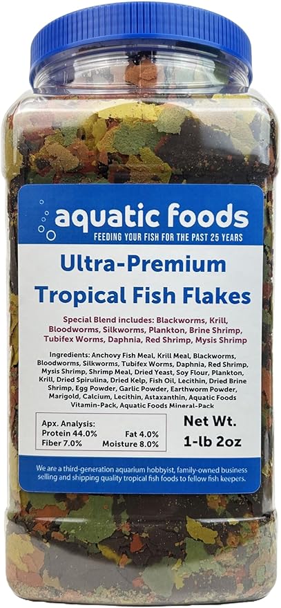 Aquatic Foods Inc. Ultra Premium Tropical 8-Type Flake Mix for Discus, Cichlids, Tetras, Guppies, Live Bearers, Bettas, for All Community Tropical Fish…AF 1-lb 2oz Jar