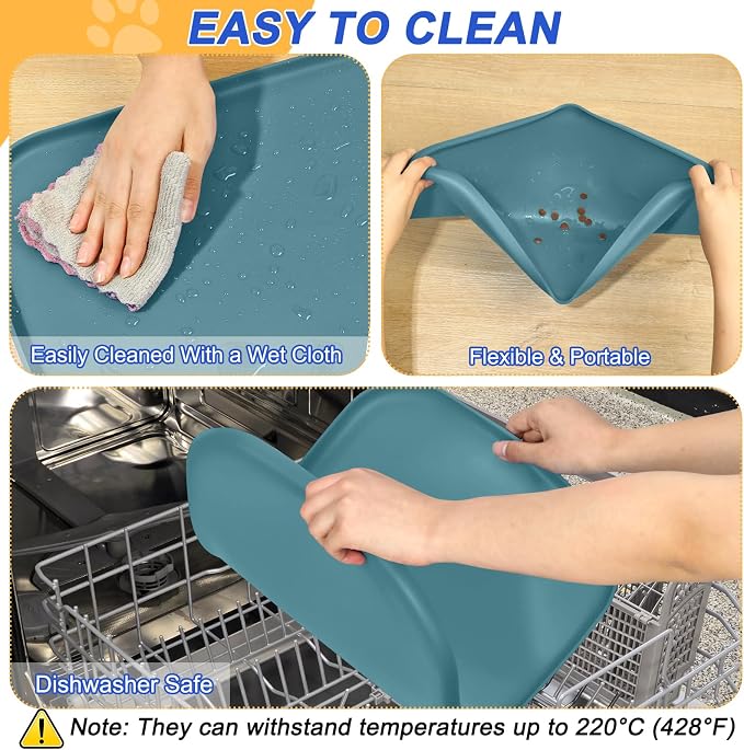 SMILOOL Waterproof Silicone Pet Food Mat with Raised Edge for Dog & Cat | 22" x 14" Non-Slip Pet Feeding Mats with Lip for Food & Water Bowl, Food Grade, Easy Cleaning, Salte Blue