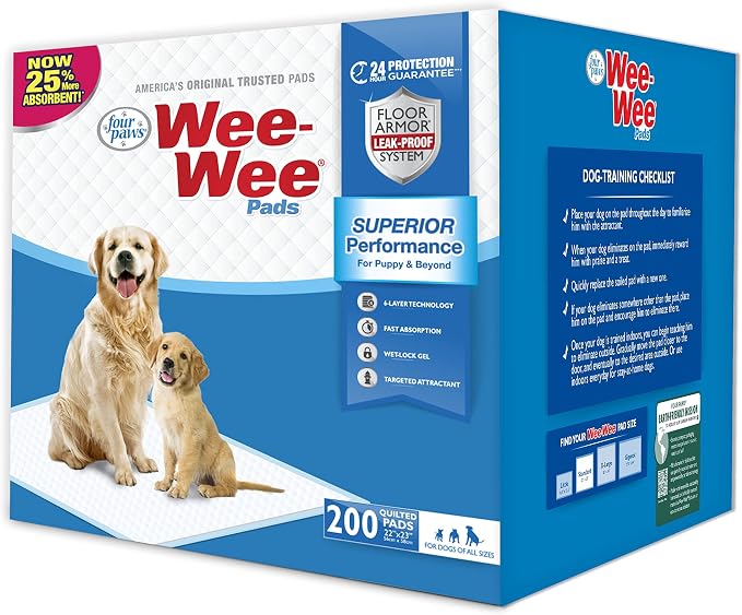 Four Paws Wee-Wee Superior Performance Dog Pee Pads, 200 Count | Quilted leak-proof puppy pads, dog housebreaking & potty training, 24-hour floor protection, pet supplies, 22" x 23"