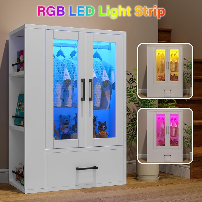 kepptory Pet Wardrobe Closet with LED Light, Side Storage Shelves & Drawer, White Pet Clothes Organizer Cabinet with Hanging Rod, Multi-Functional Pet Closet for Dogs & Cats Clothing, Toys