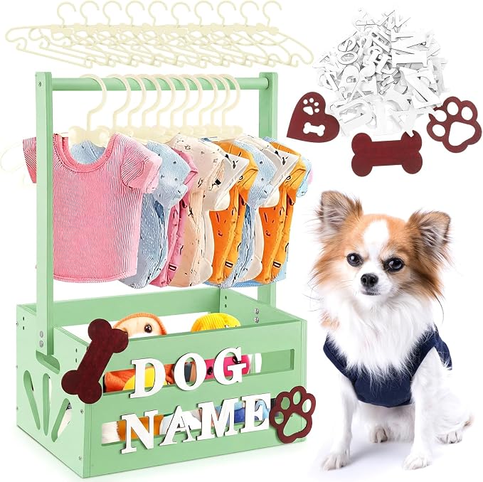 Teenyyou 20" x 13" x 9" Wooden Dog Closet Pet Wardrobe Crate Box with Hanging Rods and Personalized Alphabet Letters Easy Assembly Baskets for Dog Cat Toys Clothes Accessories(Green)