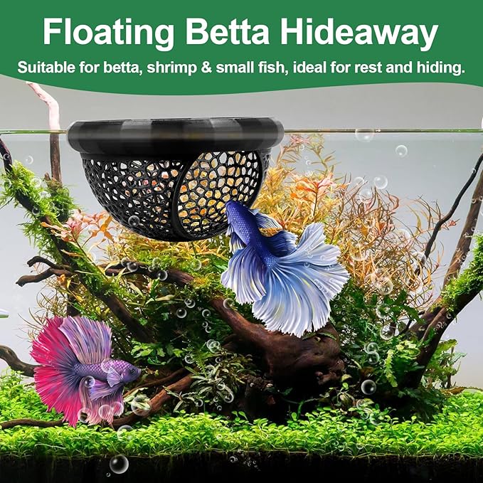 2 PCS Floating Betta Hammock & Shrimp Shelter 3D Printed Aquarium Decor Floating Betta Hide with Feeding Ring Multi-Functional Hammock Safe Resting Spot for Betta Fish, Shrimp and Small Fish